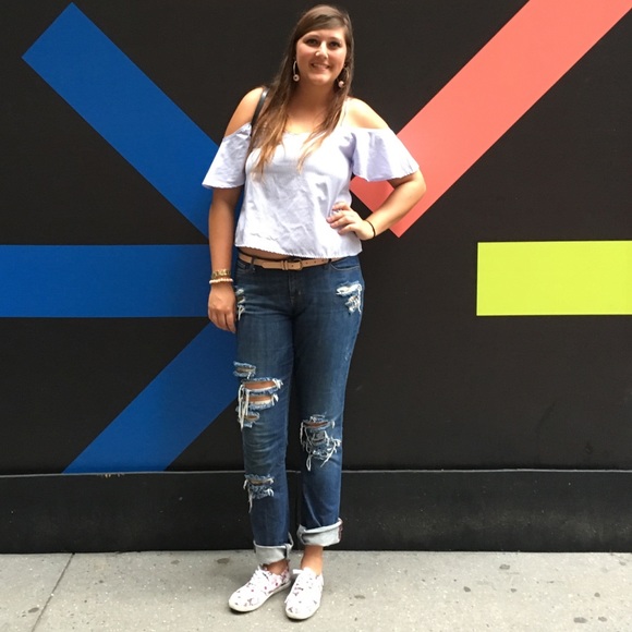 Blue and white stripe OTS ruffle top large - Picture 2 of 5